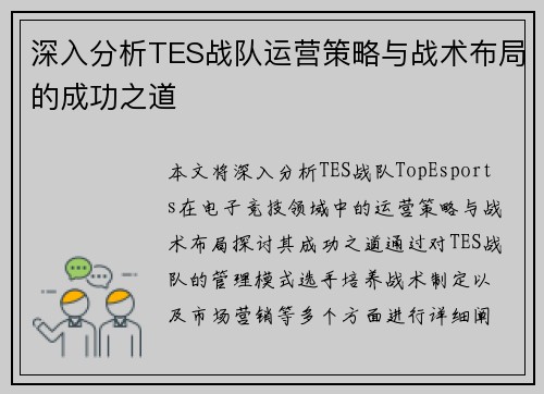 深入分析TES战队运营策略与战术布局的成功之道