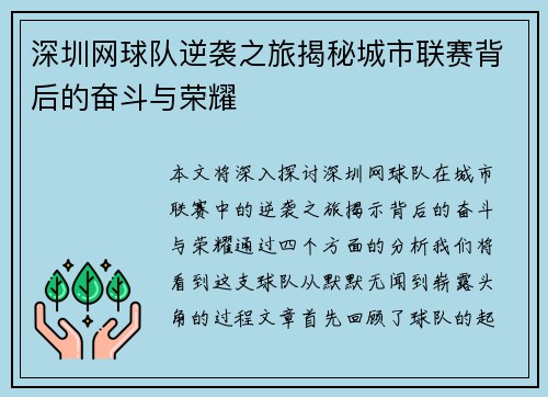 深圳网球队逆袭之旅揭秘城市联赛背后的奋斗与荣耀