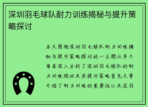 深圳羽毛球队耐力训练揭秘与提升策略探讨