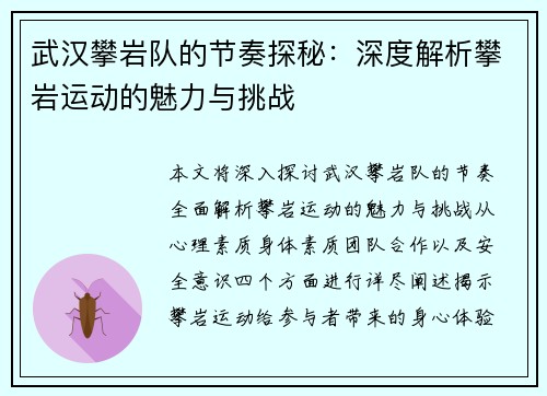 武汉攀岩队的节奏探秘：深度解析攀岩运动的魅力与挑战