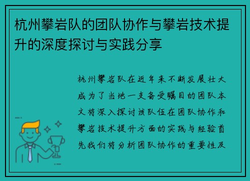 杭州攀岩队的团队协作与攀岩技术提升的深度探讨与实践分享