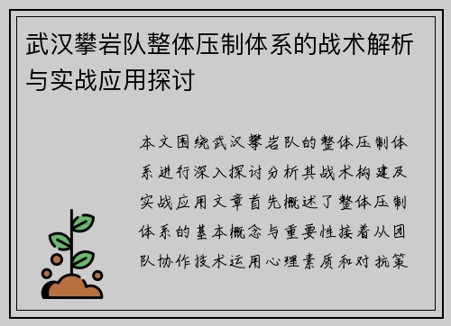 武汉攀岩队整体压制体系的战术解析与实战应用探讨