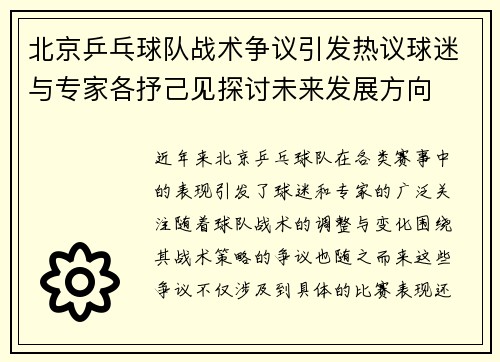 北京乒乓球队战术争议引发热议球迷与专家各抒己见探讨未来发展方向