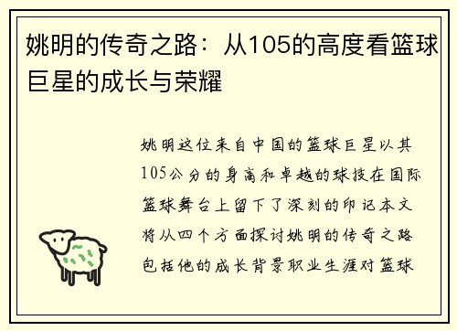 姚明的传奇之路：从105的高度看篮球巨星的成长与荣耀