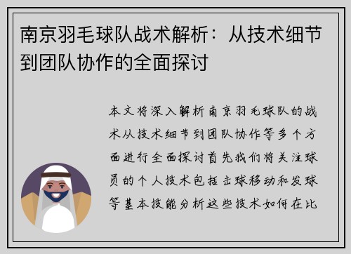 南京羽毛球队战术解析：从技术细节到团队协作的全面探讨