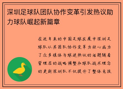 深圳足球队团队协作变革引发热议助力球队崛起新篇章