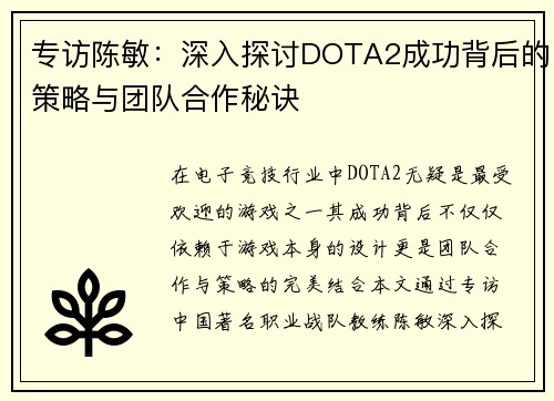 专访陈敏：深入探讨DOTA2成功背后的策略与团队合作秘诀